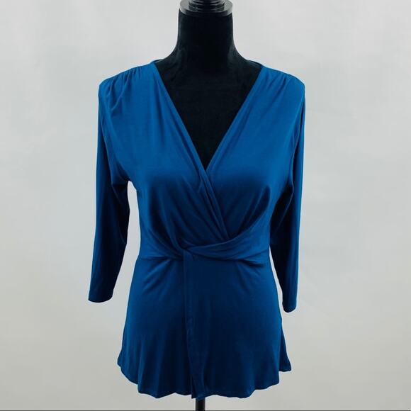 Loveappella Teal V Neck with Drape Front Twist - Picture 5 of 12